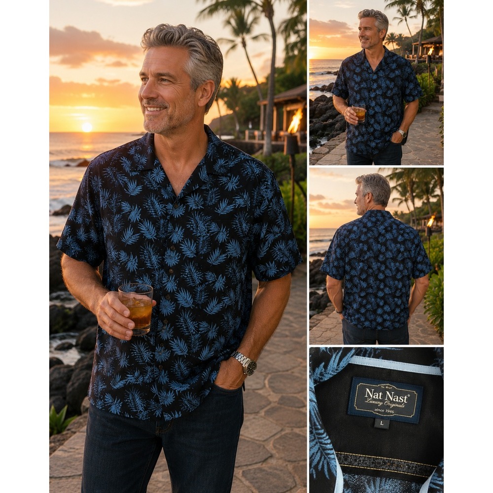 Nat Nast Mens Large Silk Cotton Blend Palm Leaf Print Shirt Blue Short Sleeve